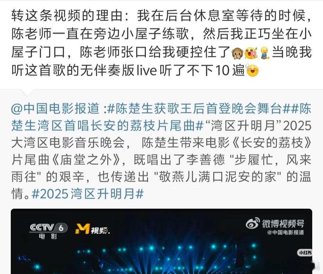 有位湾区升明月晚会的工作人员转了陈楚生现场演唱《庙堂之外》的视频，他说陈楚生老师