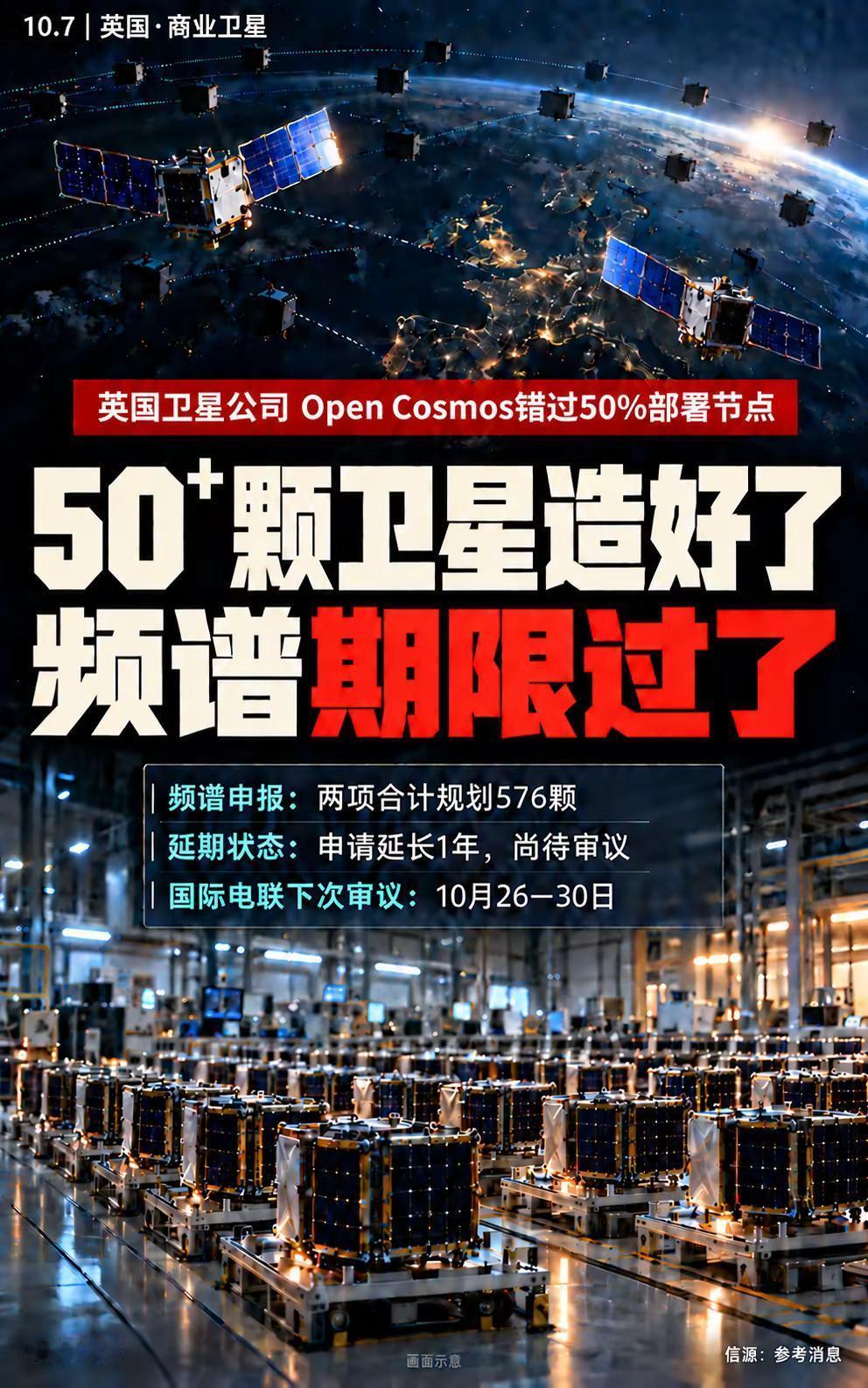 英国卫星公司造50多颗，频谱期限先到期。英国卫星企业Open Cosmos已造好