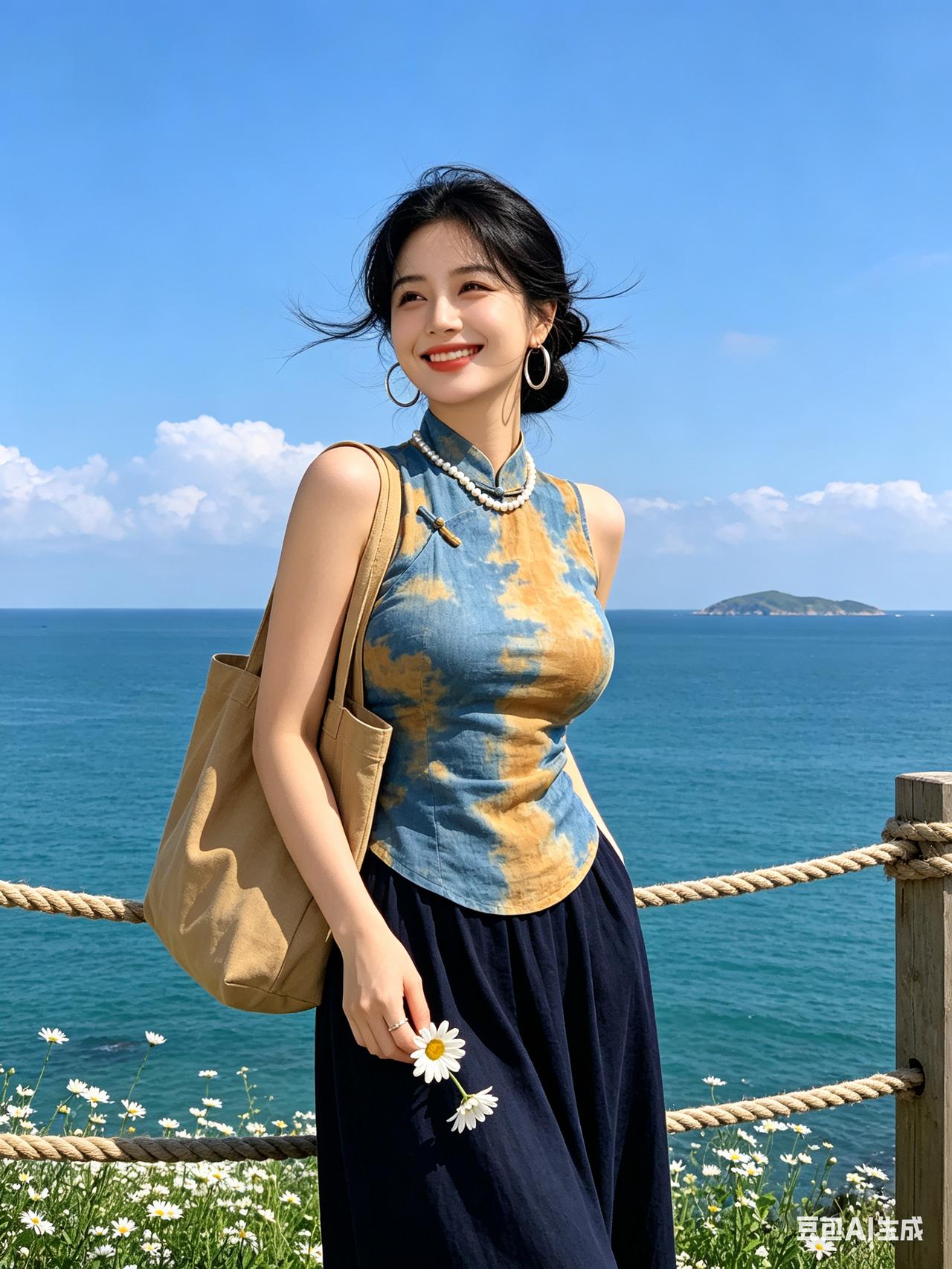 低盘发女生笑容治愈，扎染新中式上衣配长裙，手持雏菊倚靠麻绳护栏。碧海晴空海岛作背