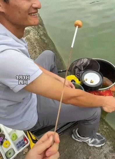 9月9日四川，一男子在鱼塘边钓鱼，期间一女子便告诉男子，这棒棒糖能钓上鱼来，对此