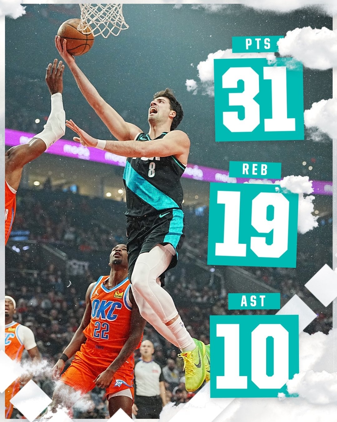 波特兰开拓者 今晚，阿夫迪亚成为NBA历史上第二位职业生涯前四次三双均得分超过3