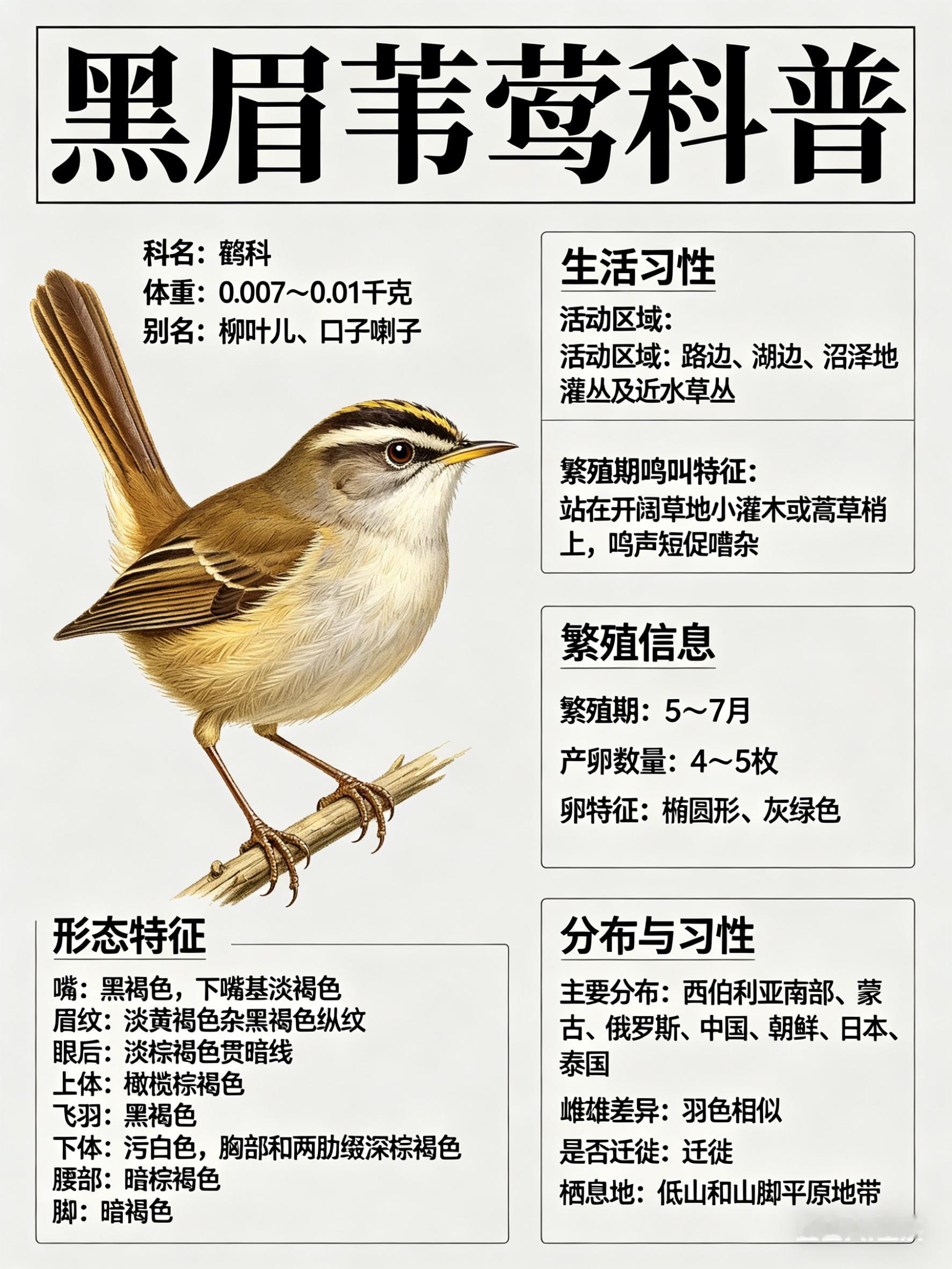 鸟类朋友图鉴 黑眉苇莺科名：鹟科体重：0.007～0.01千克别名：柳叶儿、口子