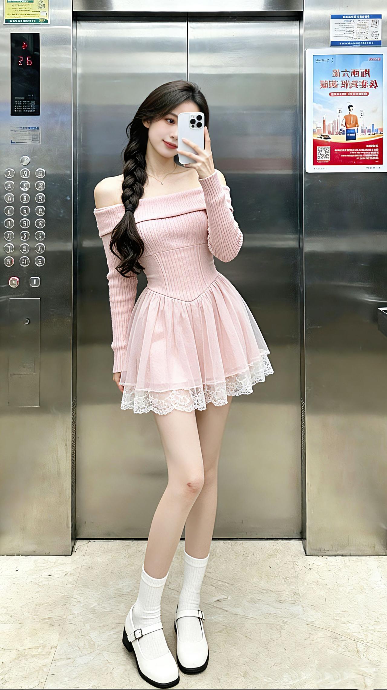 露肩针织+蕾丝纱裙直接把温柔拉满，搭玛丽珍鞋，电梯间随手拍都像从童话里走出来的甜