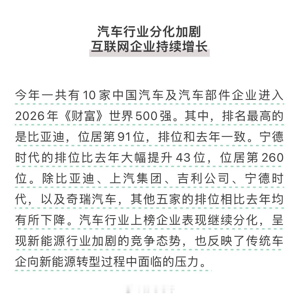 10家中国汽车企业进入500强2026年《财富》世界500强中，共有10家中国车