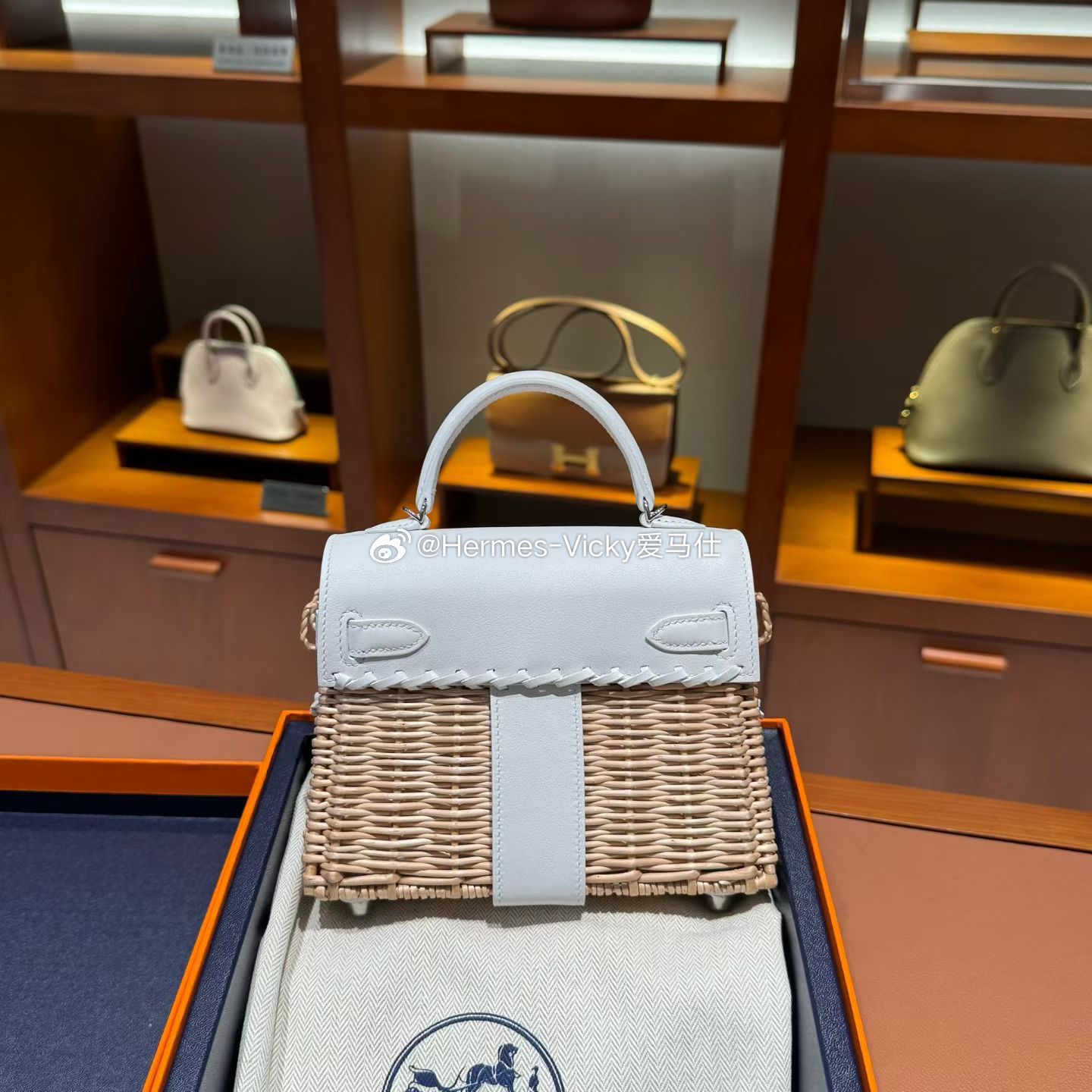 Kelly picnic 野餐包 竹编拼皮 01纯白 银扣爱马仕hermes