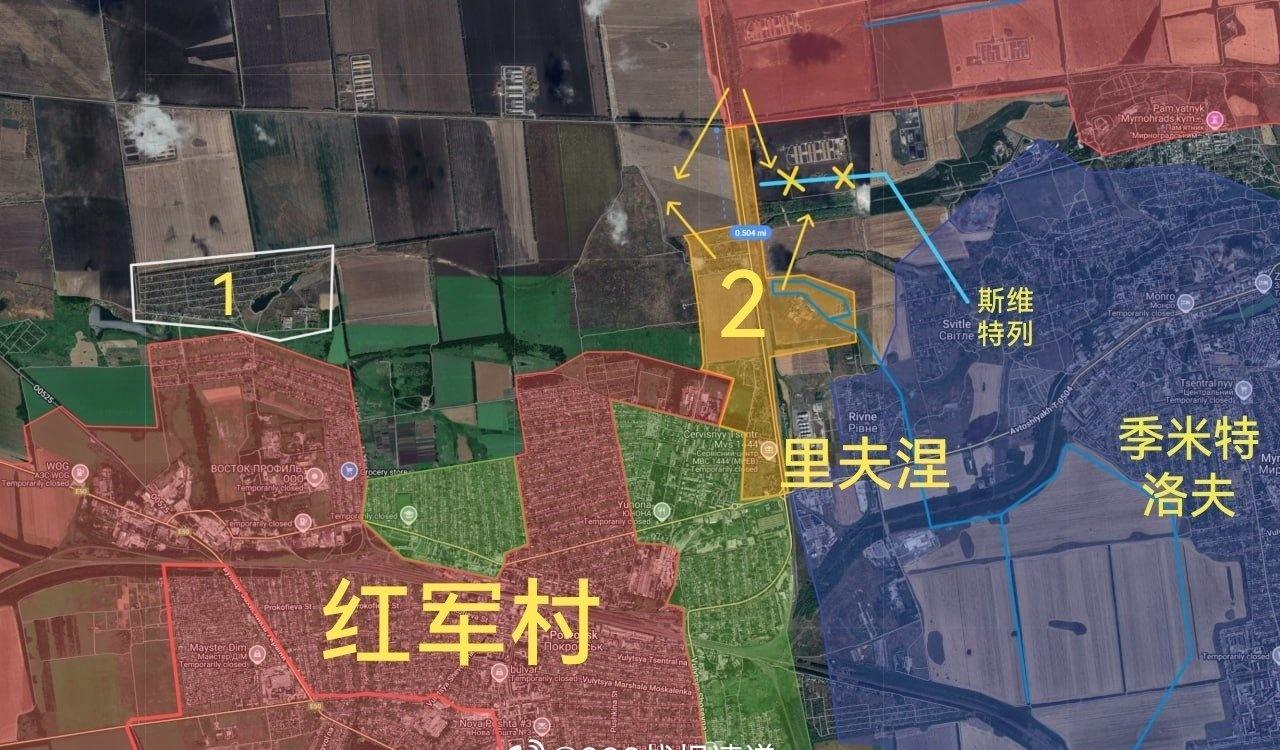 K哥报告称，俄军已控制了红军村市95%的地区（图一），乌军可能仍控制着该市最北端