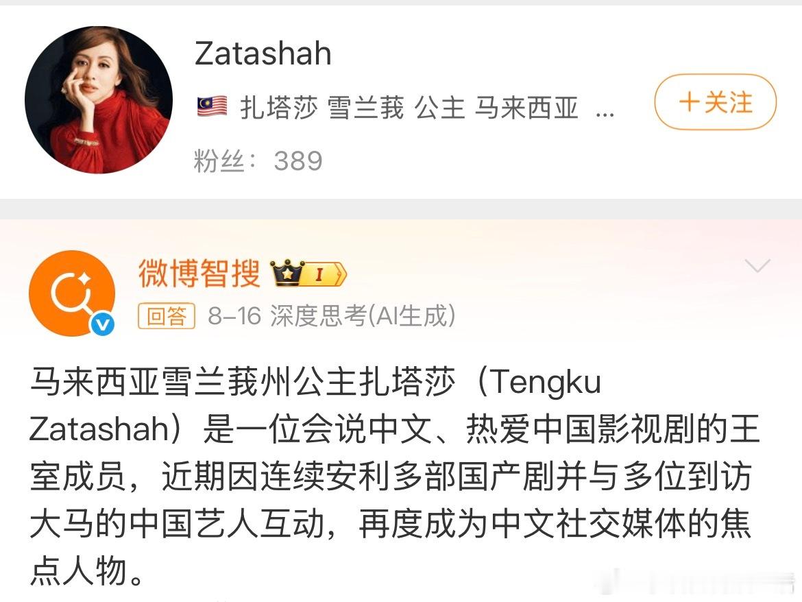 马来西亚🇲🇾札塔莎亚公主（Tengku Zatashah）ins不仅关注了田