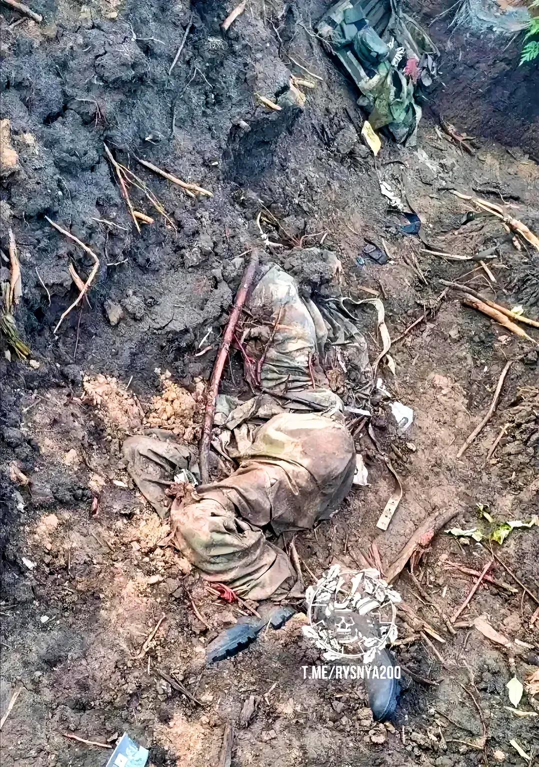 2023年，俄乌战场，一具被遗弃的阵亡士兵遗体，他的整个身子已经被泥土所覆盖，脑