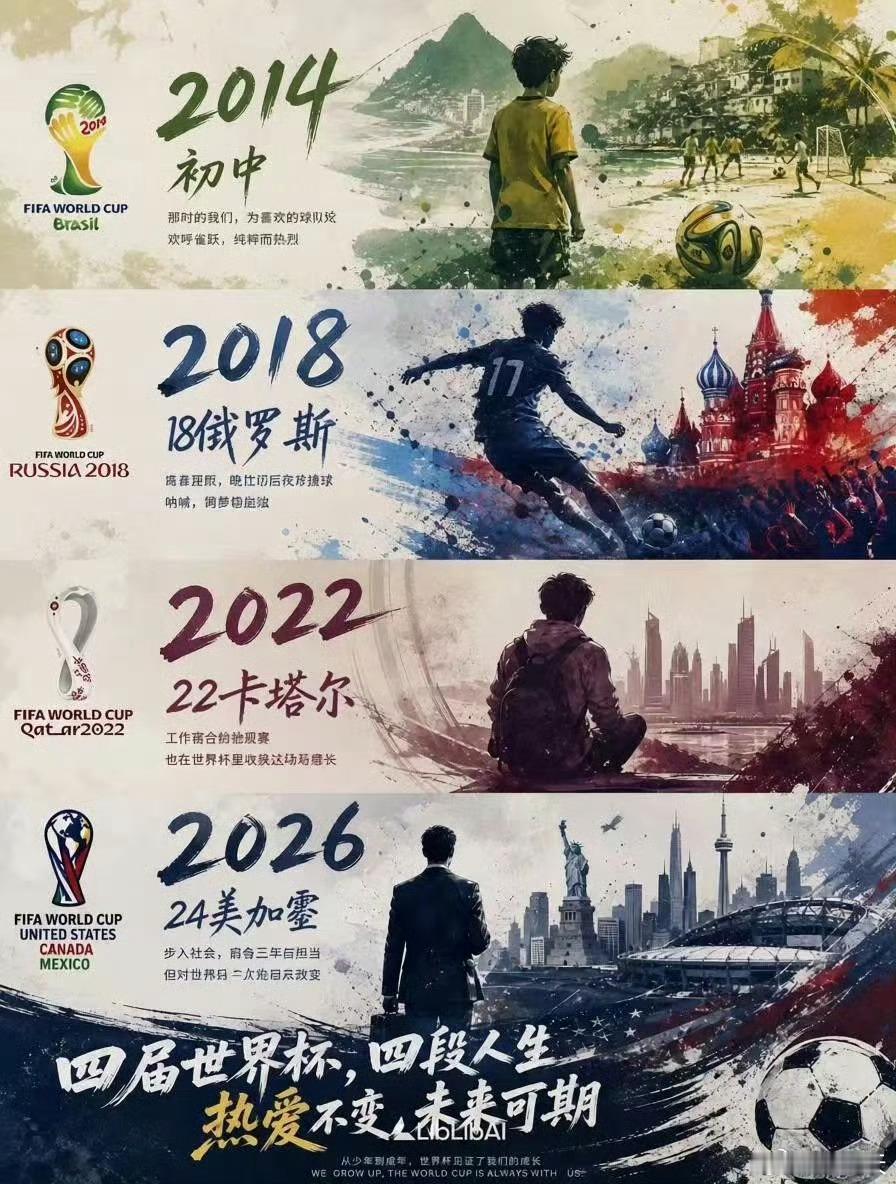 两届世界杯相隔四年，赛场球员完成新老交替，我们也在日常里经历身份与状态的改变。熬