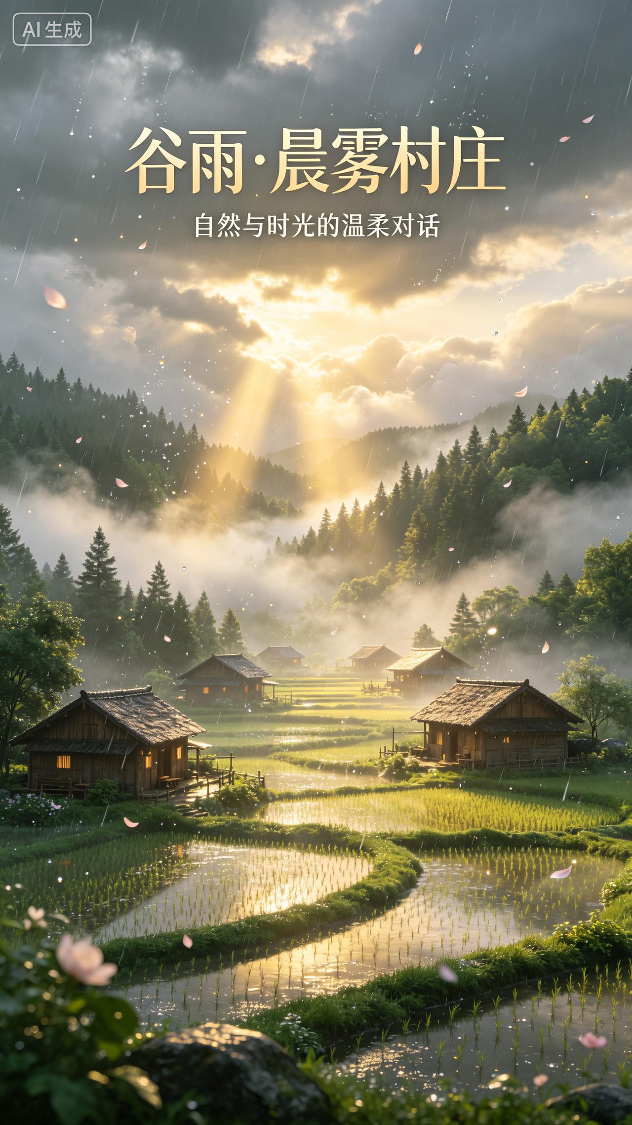 半明半暗云间月
解析：这组下联以天地间最经典的月夜意象承接上联的流水意境，山水风