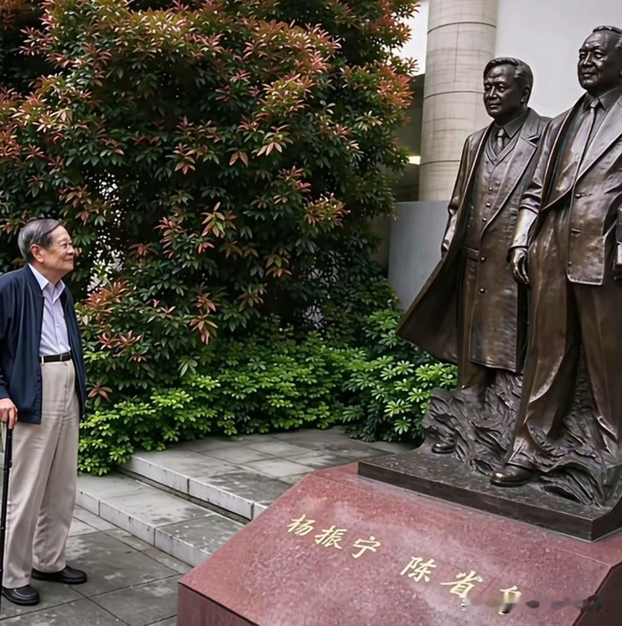这张照片拍摄于东莞理工学院，高龄的杨振宁先生拄着手杖，静静伫立在他与陈省身先生的