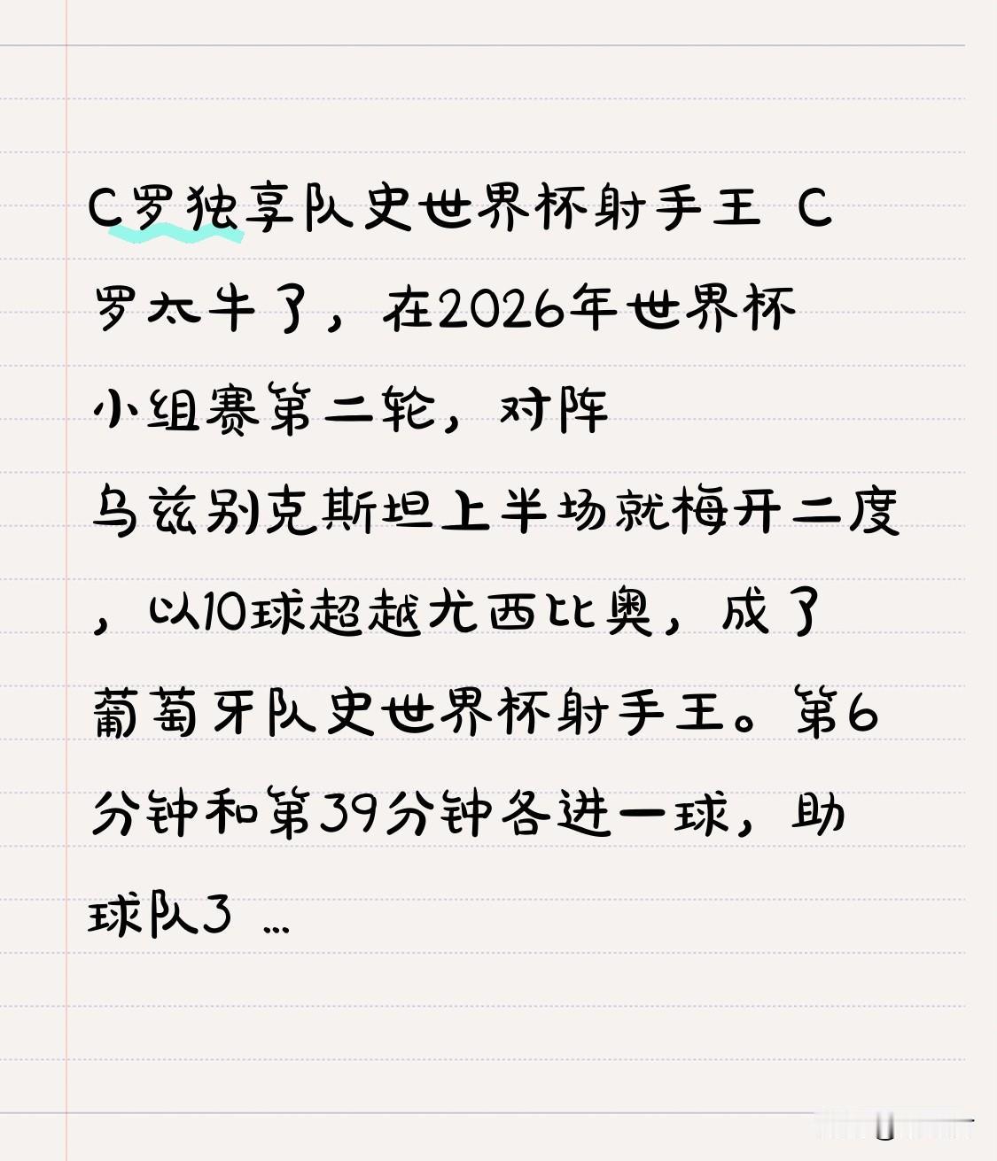 C罗独享队史世界杯射手王 C罗太牛了，在2026年世界杯小组赛第二轮，对阵乌兹别