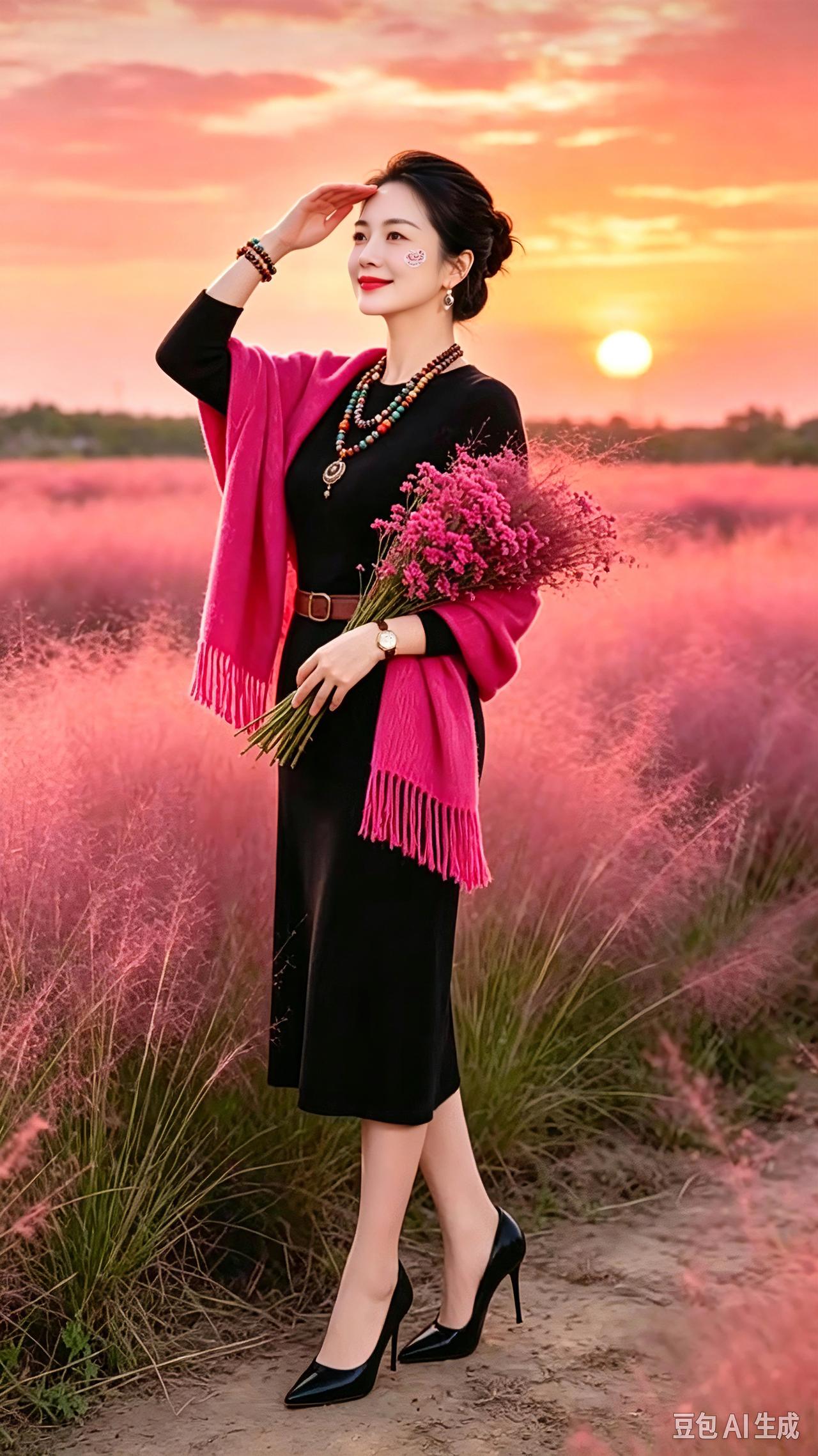 落日余晖里，她手捧花束，美得像从画里走出来一般。柔粉花影衬着漫天晚霞，佳人正沉醉