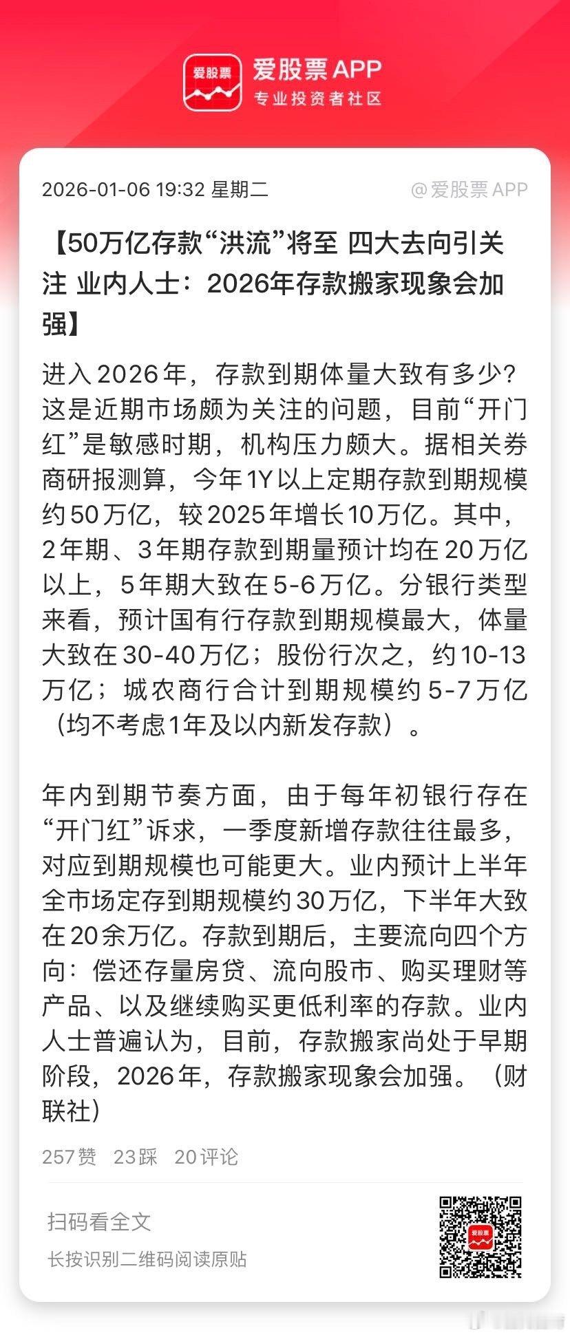 【50万亿存款“洪流”将至 四大去向引关注 业内人士：2026年存款搬家现象会加