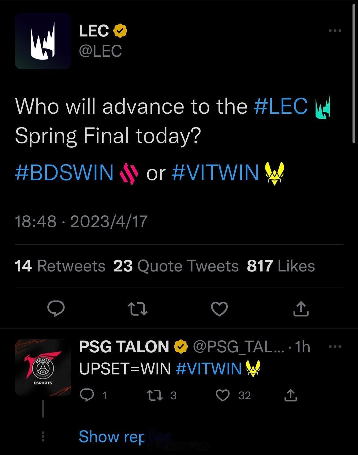 【LEC赛事预告】

LEC官方账号发布胜者组VIT与BDS赛事预告：今日谁将挺