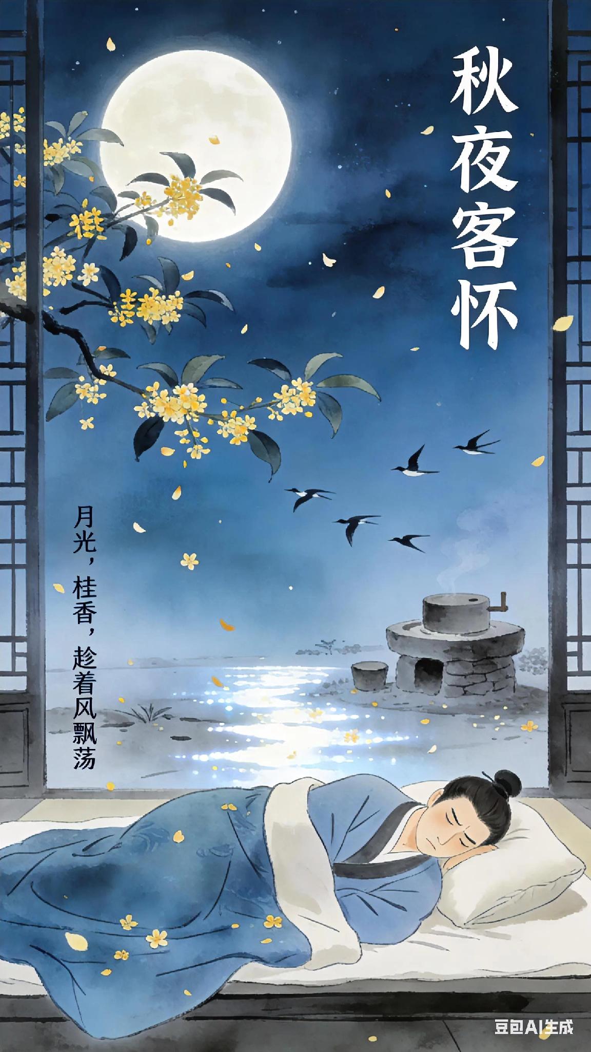 《中吕》朝天子秋夜客怀、周德清。
月光，桂香，趁着风飘荡。
砧声催动一天霜，过雁