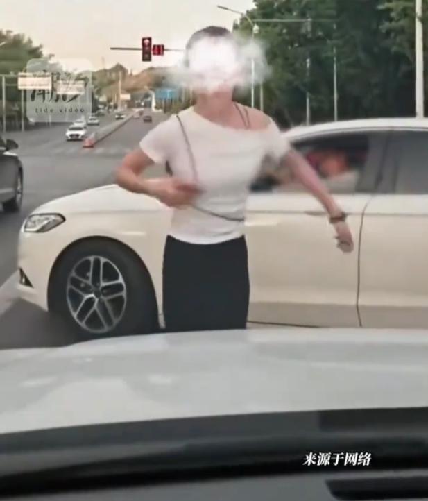 一名女子径直下车走入机动车道，以肉身充当 “活路障”，硬生生逼停正常通行车辆，指