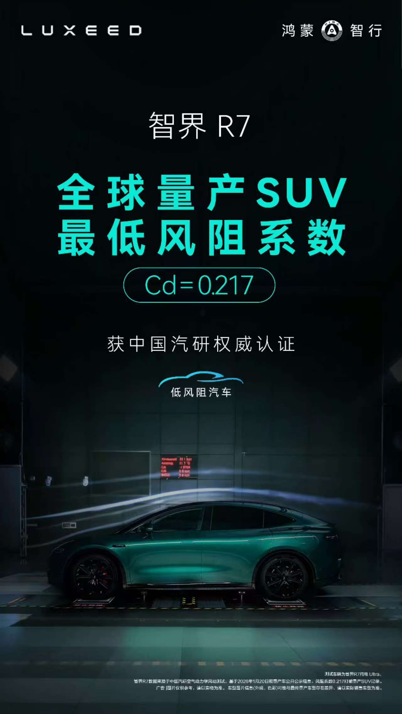 智界R7创全球量产SUV最低风阻纪录你的续航有多少为风阻买了单我觉得风阻还是很影