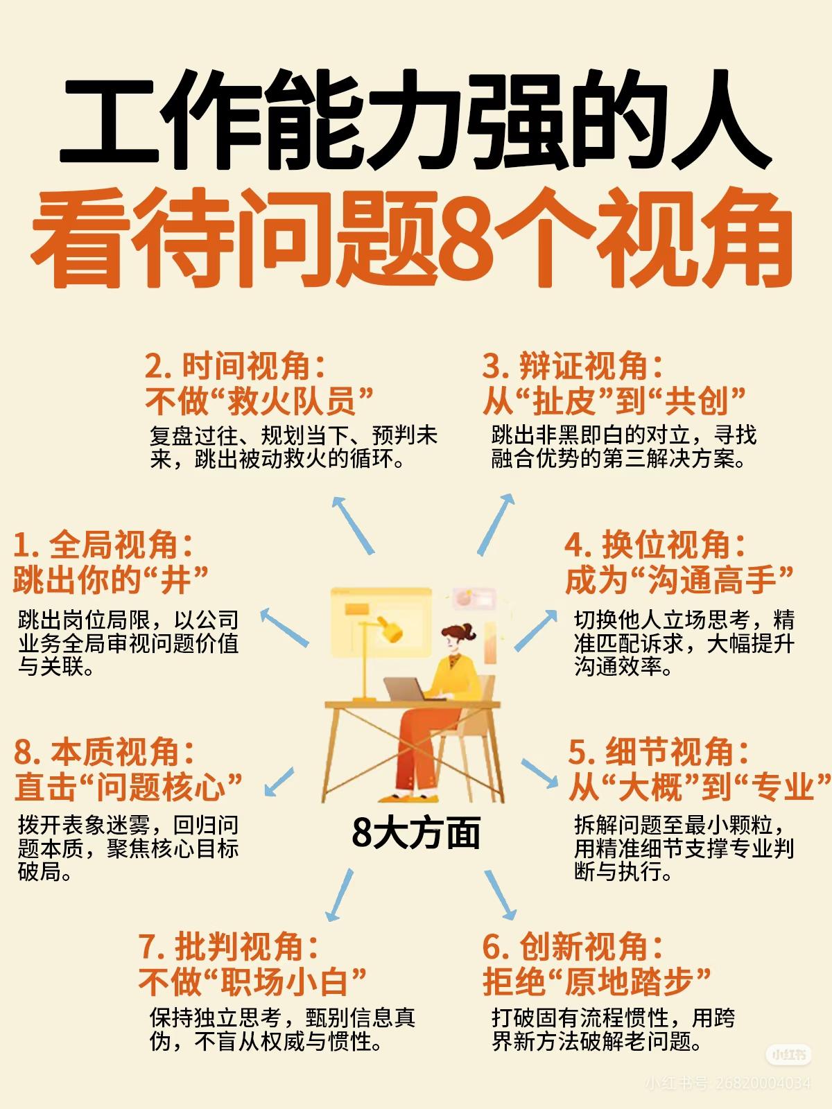 工作能力强的人，看待问题的8个角度。

1．全局视角：跳出你的"井"

核心逻辑