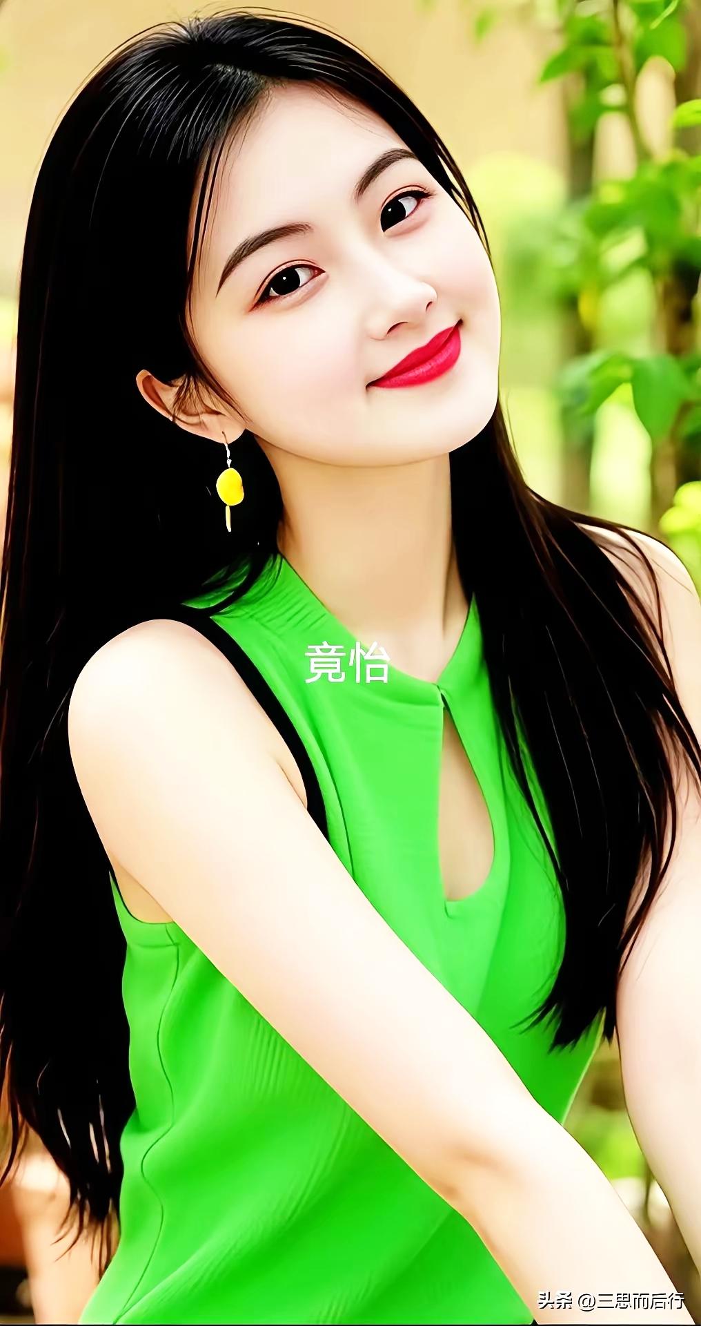 夏日清新绿衣少女，微笑动人！🌞💚