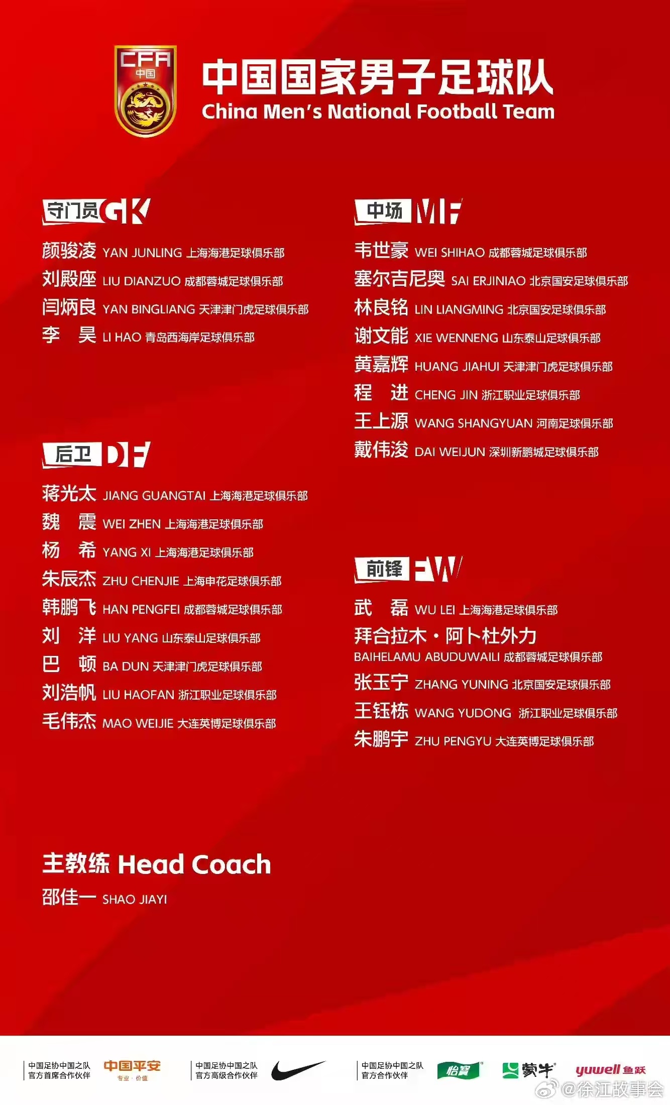 国足名单出炉，号称本土最强的上海申花，只有朱晨杰入选了国足名单。 
