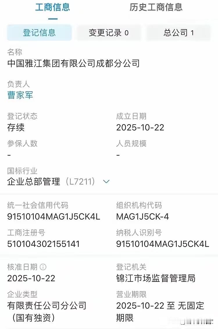 雅江集团成都分公司来了！为什么是成都分公司而不是四川分公司？

目前看到的注册地