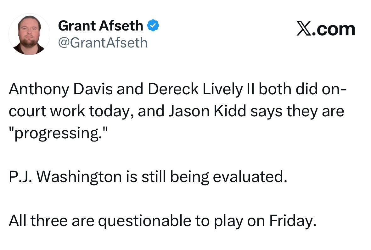戴维斯和莱夫利今日都参与了场地训练，基德表示二人“正逐步恢复”。P.J.华盛顿仍