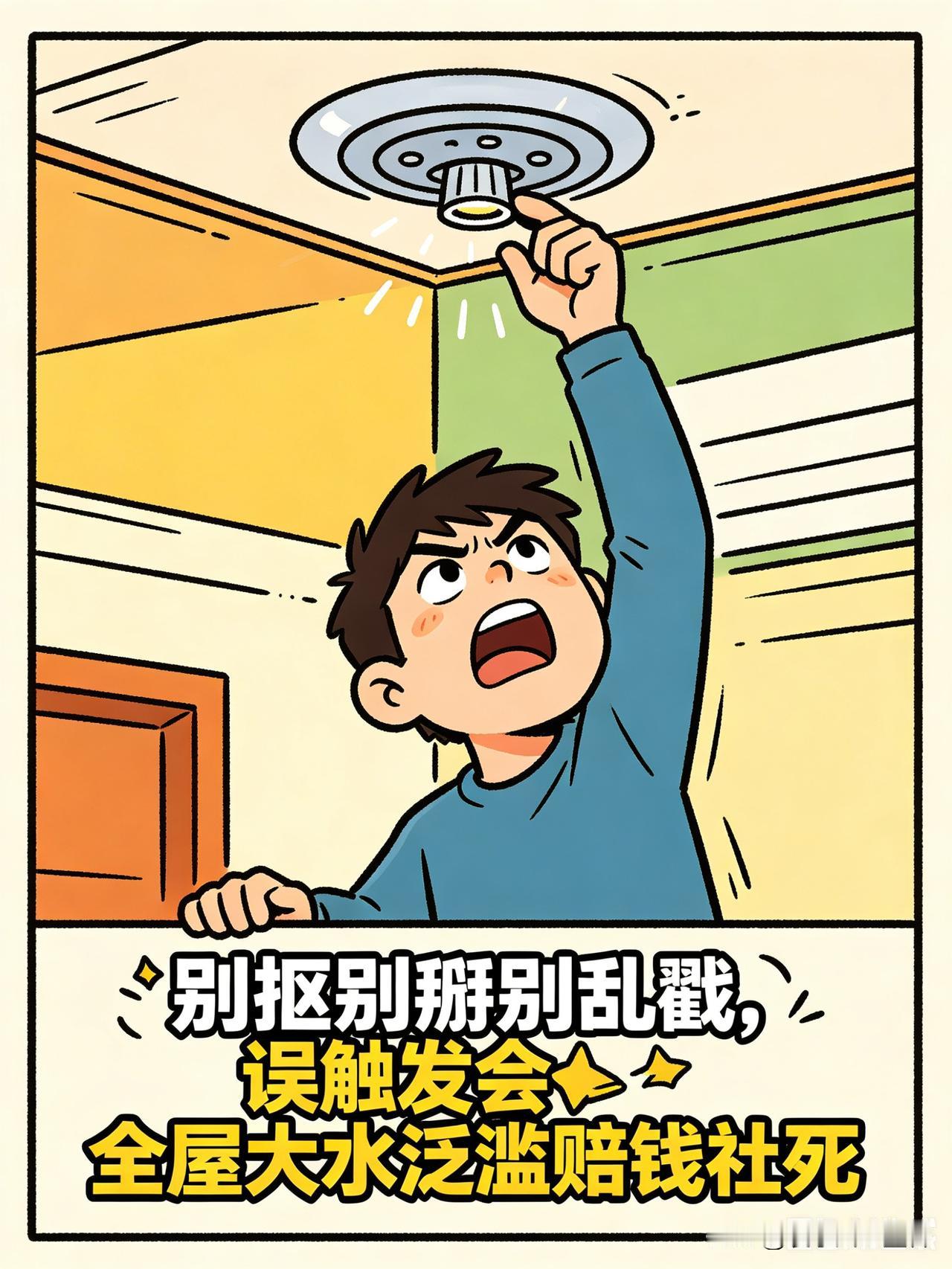天花板那个喷淋头，别抠别掰别乱戳，
一不小心误触发，全屋大水泛滥，赔钱还社死！