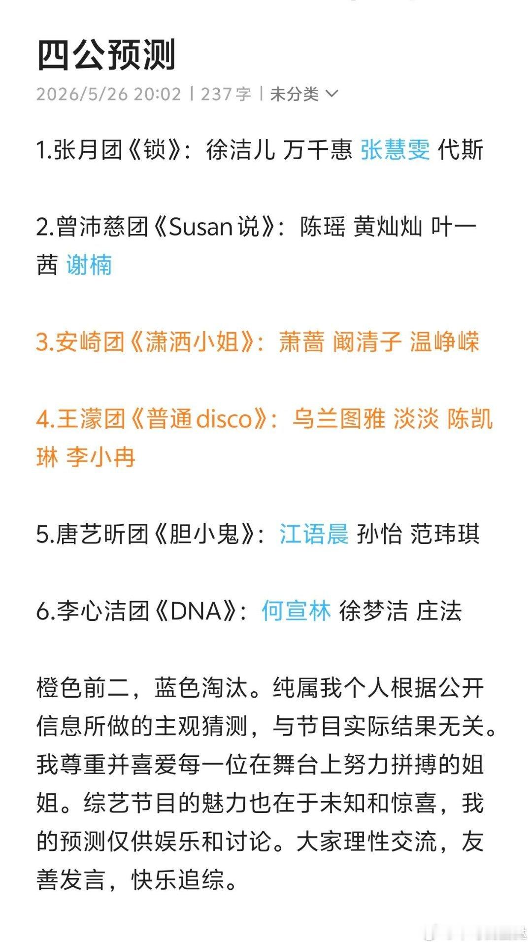 浪姐四公预测贴乘风2026‖ 