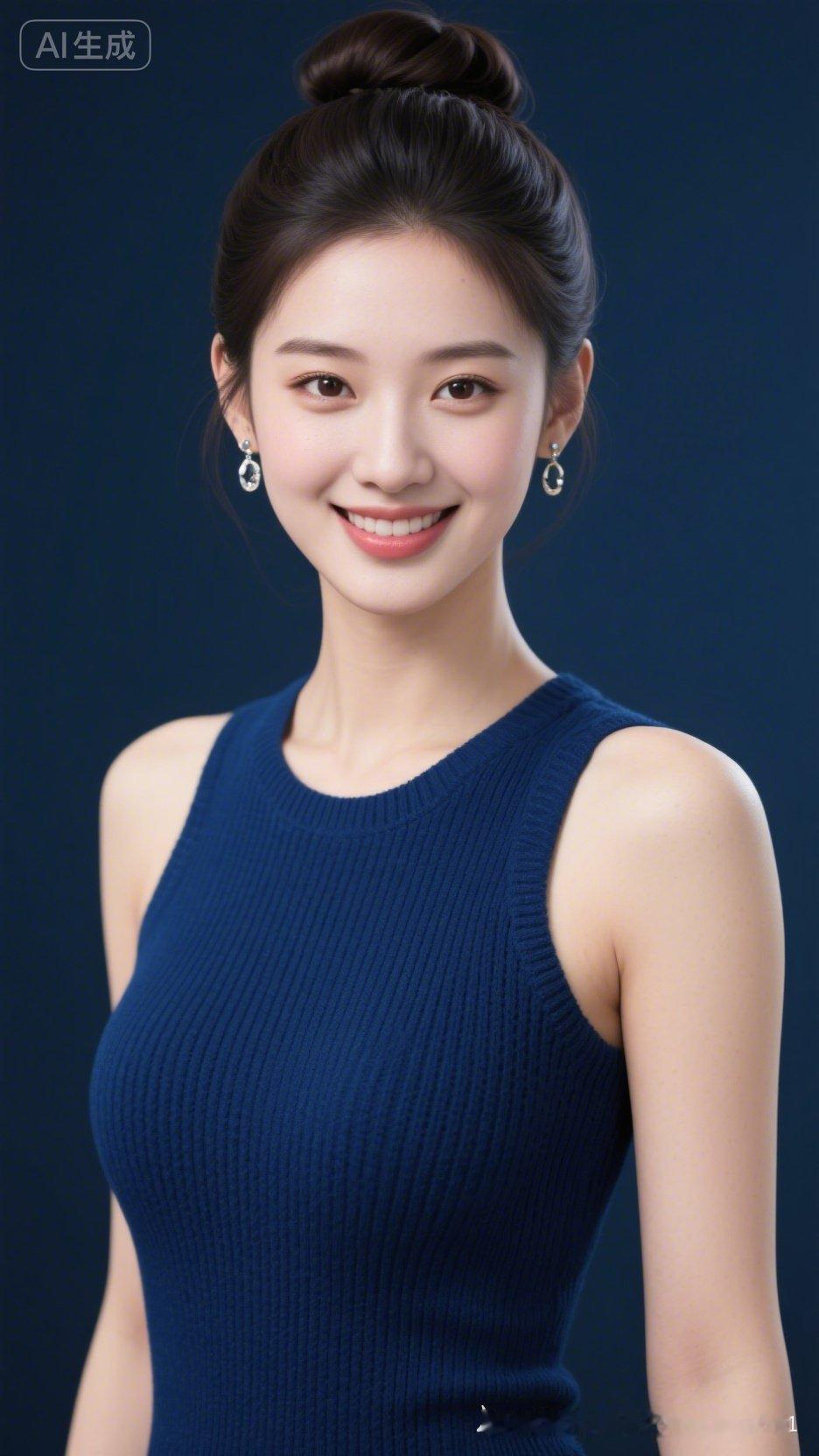 精致盘发美人拍摄上半身写真，身着深蓝色圆领无袖针织紧身衣，耳畔耳饰精巧点缀，唇角
