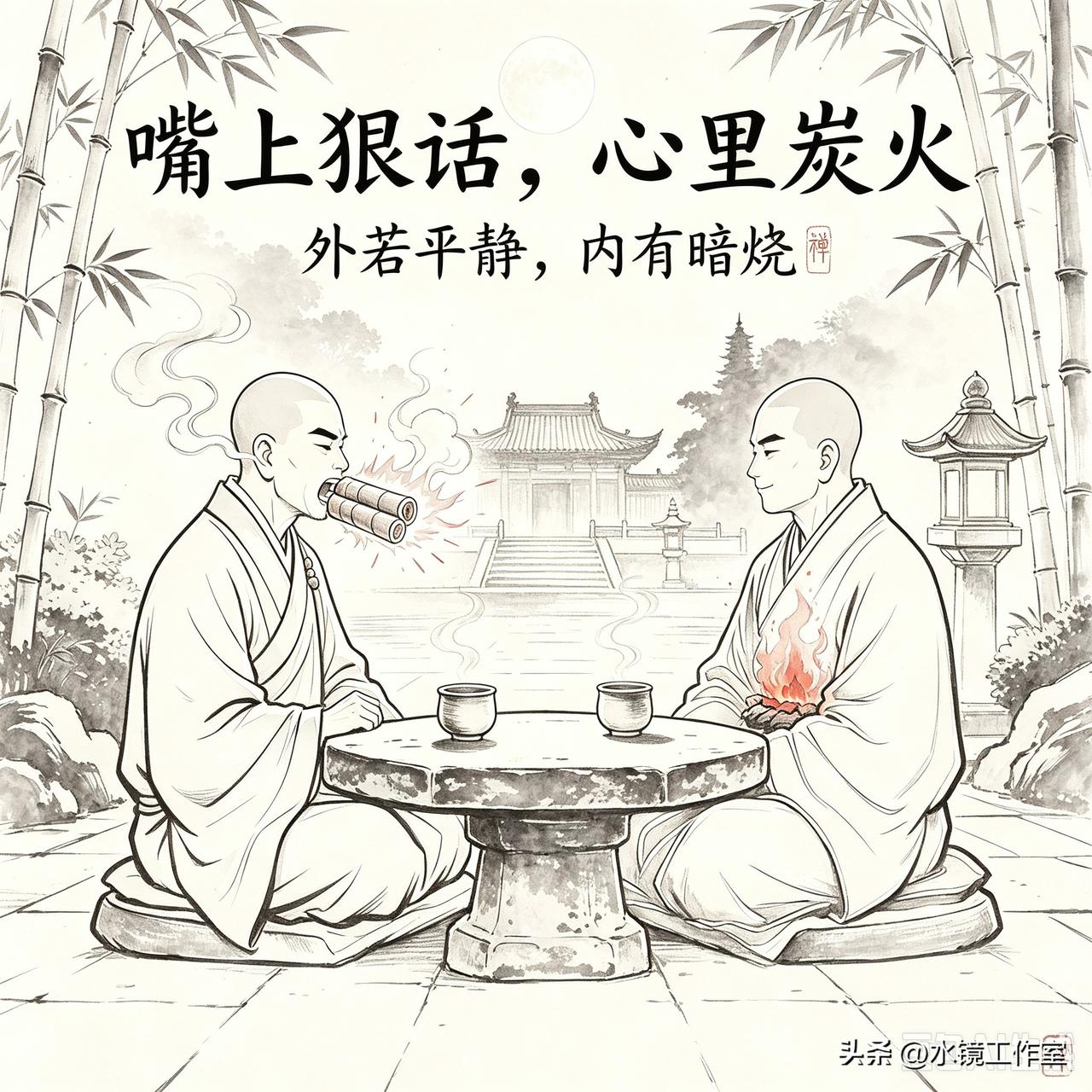 今日禅故事：嘴上大放狠话，心里未必当真😆
 
古寺里头，住着两位修行的和尚，一