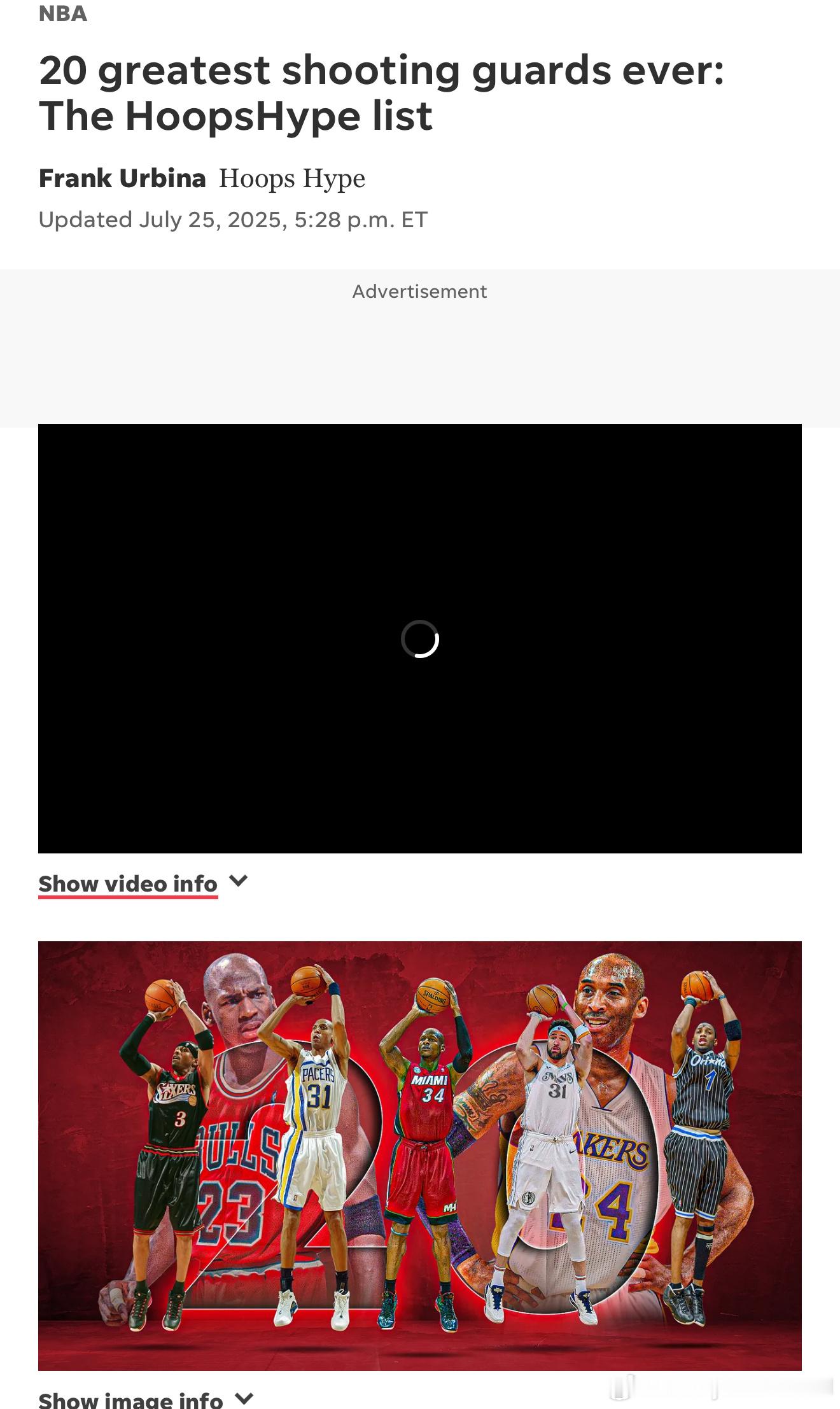 美媒Hoops Hype评选历史最伟大的20大得分后卫，前十分别是：1、迈克尔乔