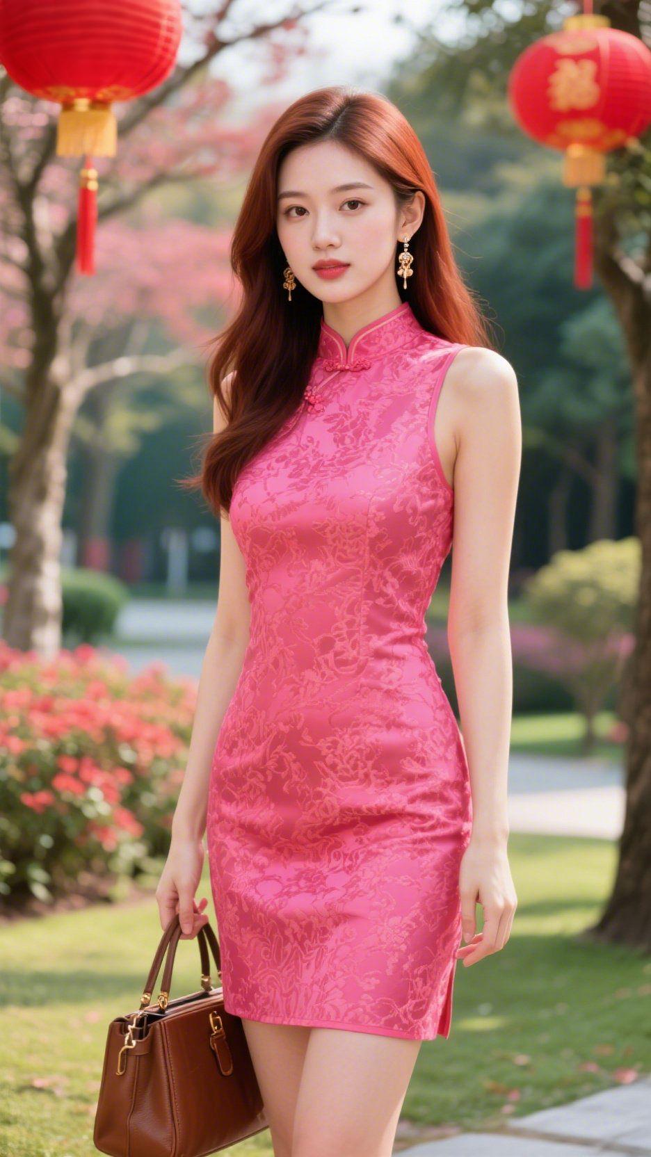 粉襟春韵：旗袍里的晴日闲光
 
风携着春的温软，漫过发梢时，她正立在花树旁。
 