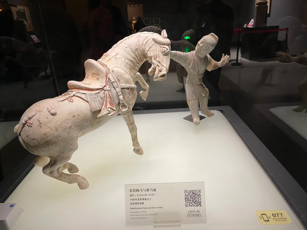 十三朝古都洛阳，地上地下文物颇丰。图为洛阳博物馆的镇馆之宝：唐三彩陶马与驯马俑、