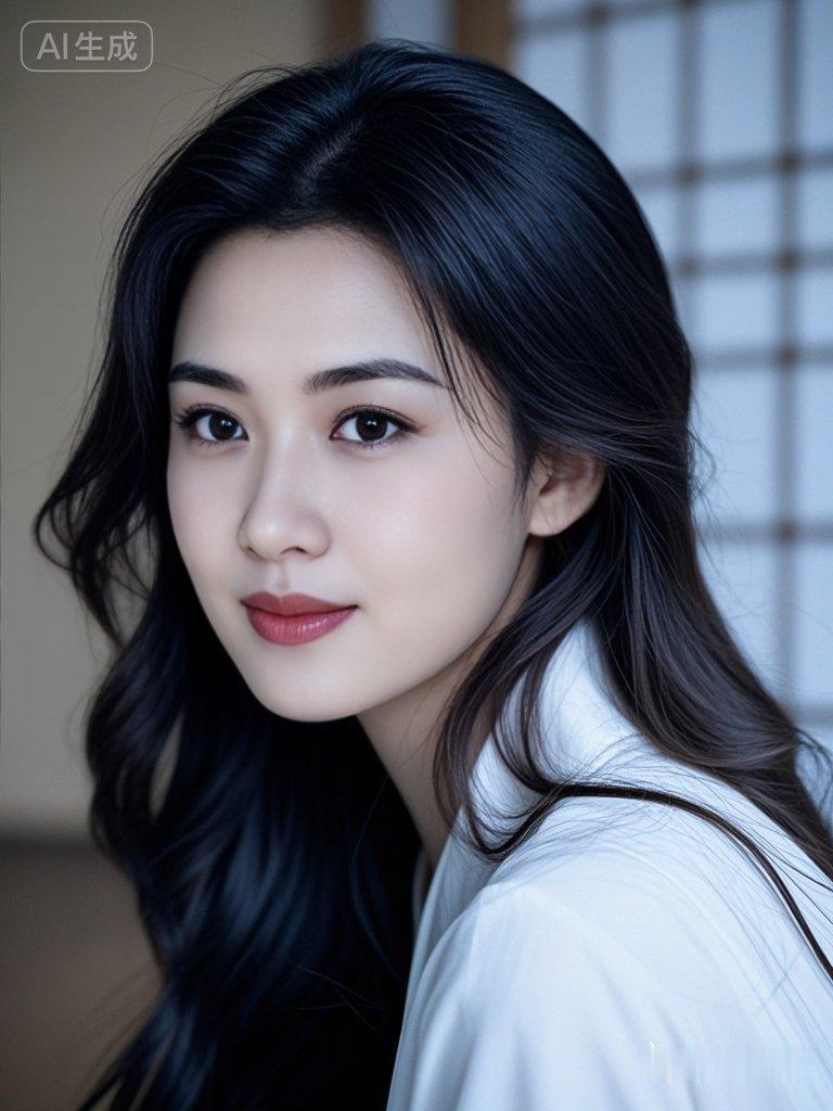 一位绝色美人，鹅蛋脸，玉骨冰肌，眼睛宛若秋水一般，清澈、明亮，肌肤胜雪，黑褐色长