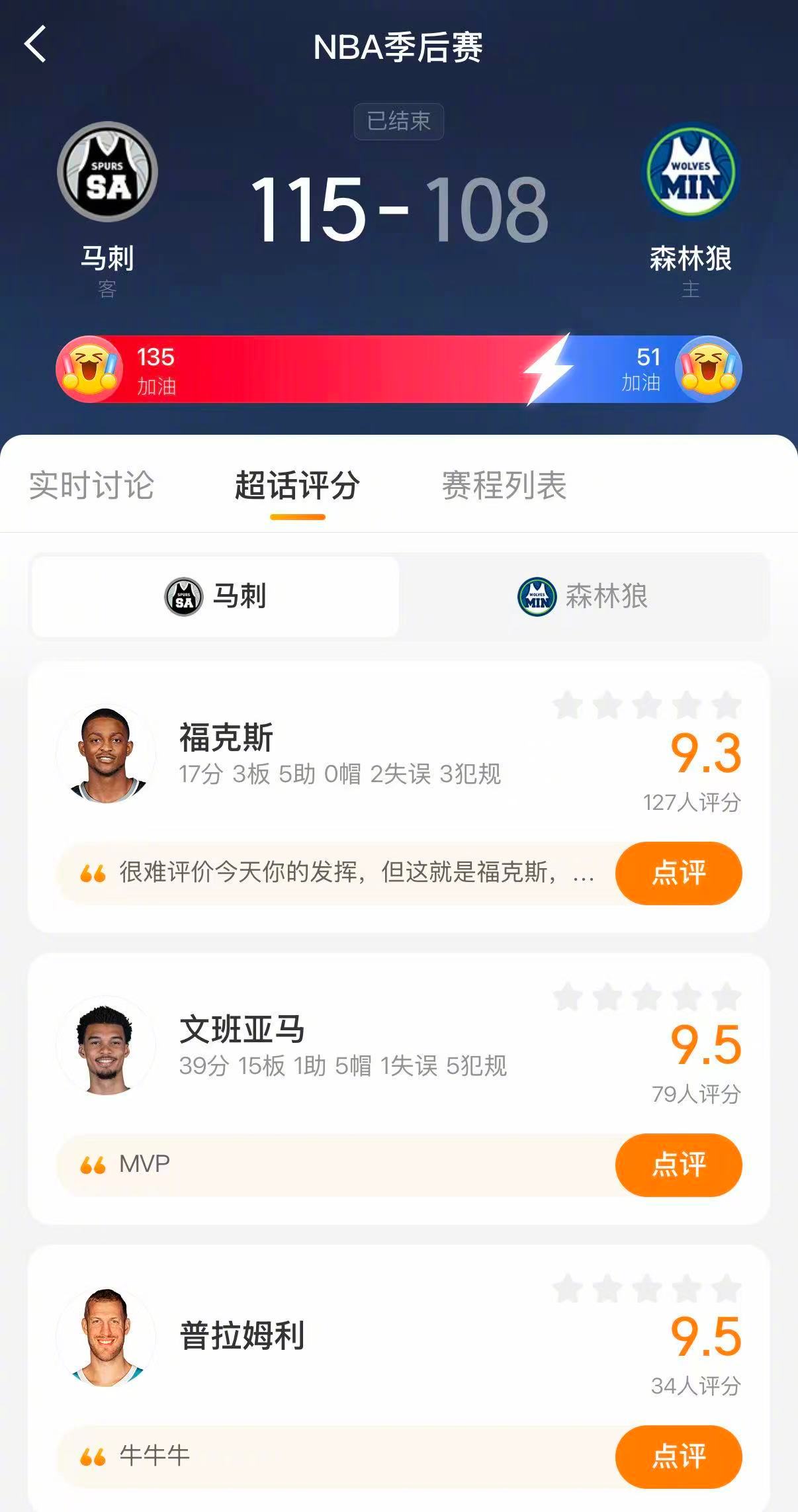 马刺2比1森林狼外星人赢了金刚狼  马刺115-108战胜森林狼，系列赛来到2-