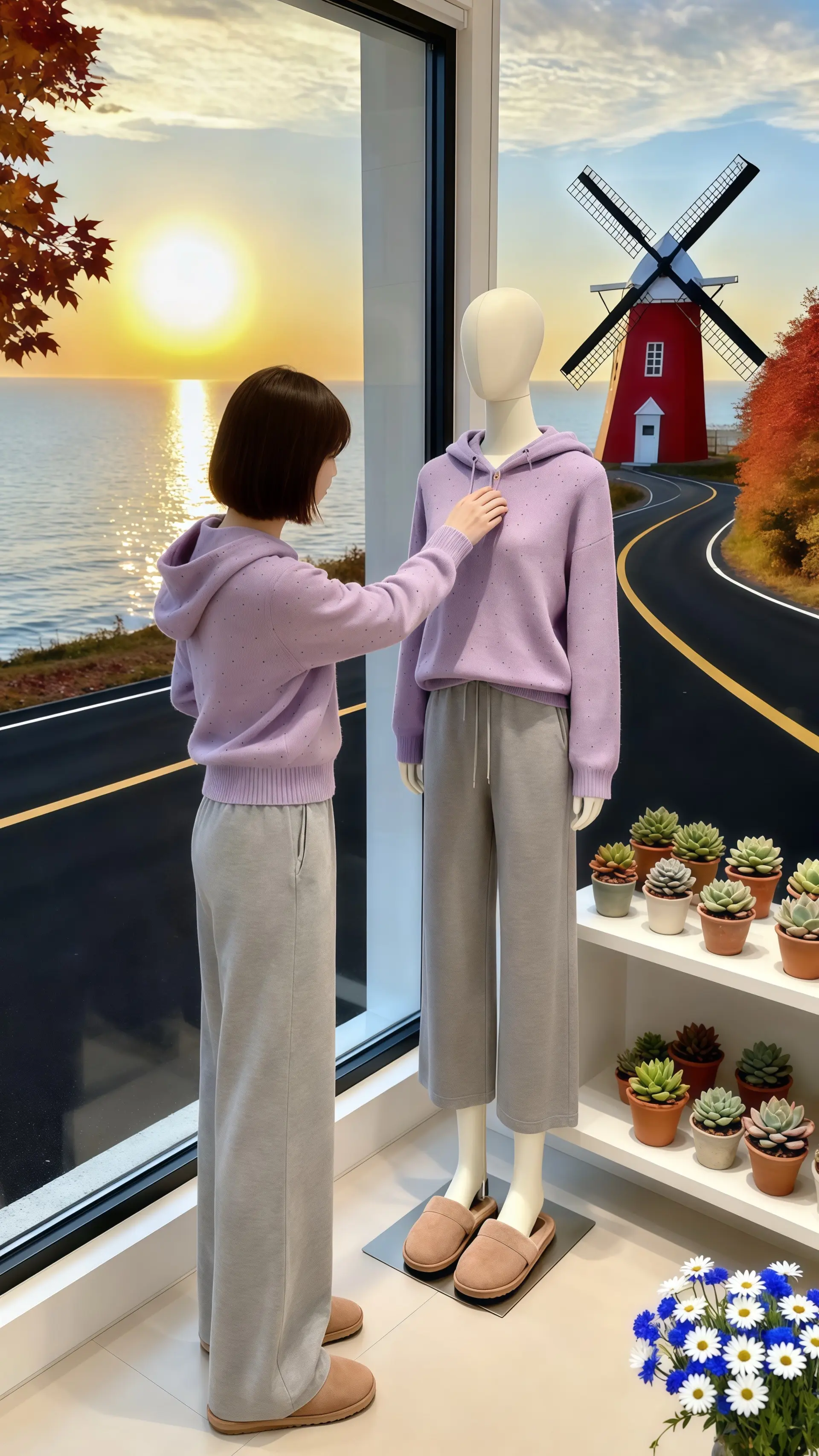 她穿着设计感连帽毛衣外套灰色休闲裤两件套，在夕阳余晖里与红色风车撞了个...