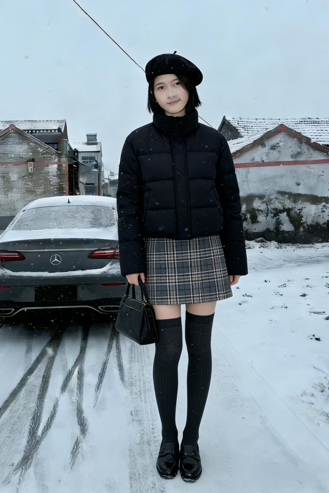 雪落进旧瓦的纹路，
像给岁月，盖了一枚安静的邮戳。
 ～
你站在雪色里，
黑色的