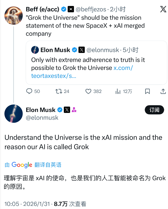 【马斯克回应Grok命名】 1月31日消息，有网友在社交平台上引用马斯克言论“O