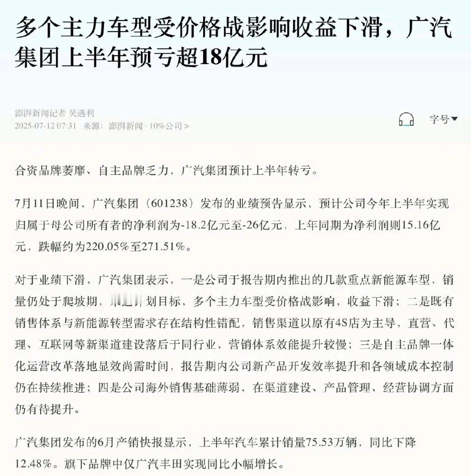 主力车型价格战影响收益，广汽集团上半年预亏损超18亿元
7月11日晚间，广汽集团