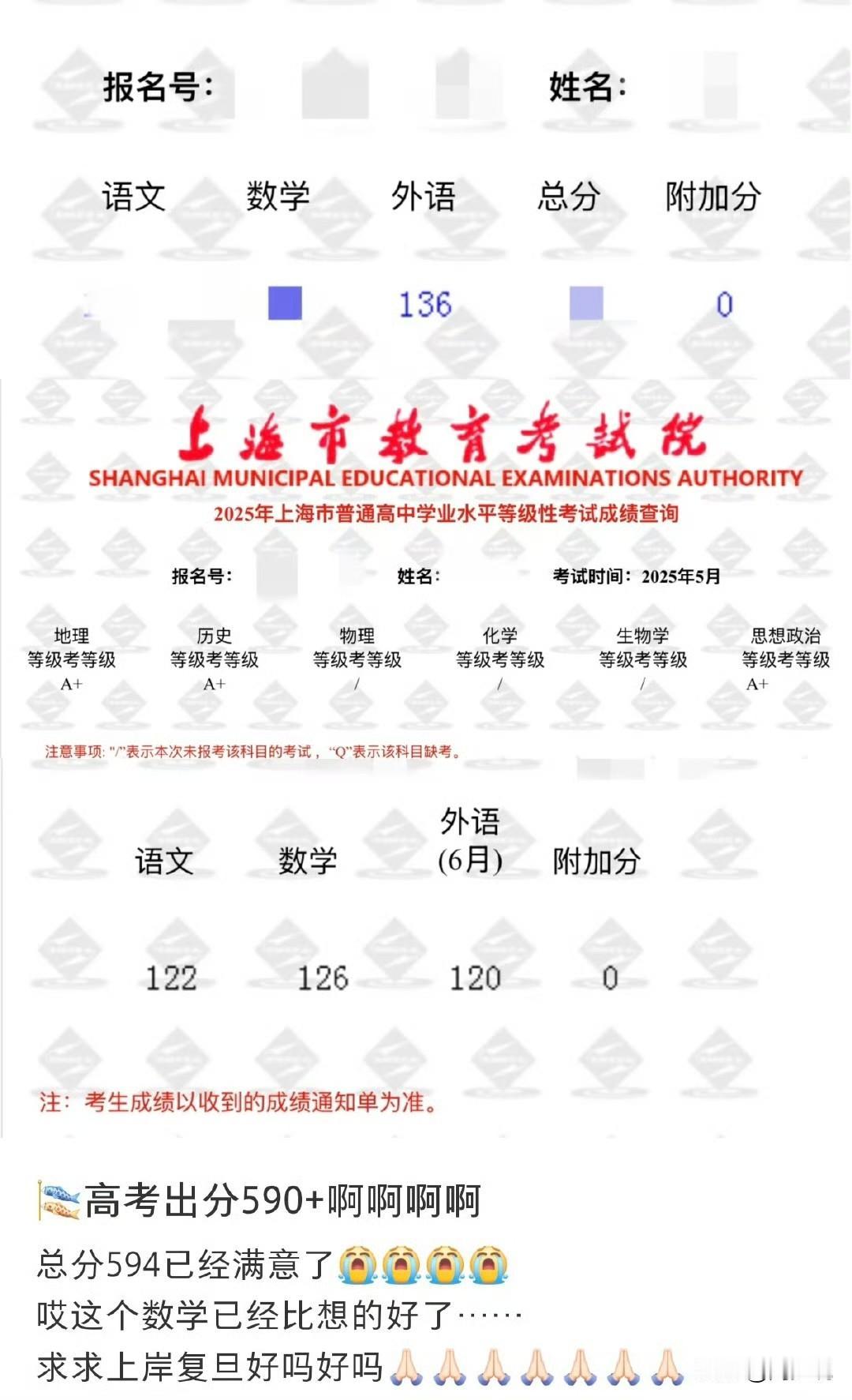 哈哈，这该是喜还是悲呢？上海一位考生查到高考分数，总分594分，数学也考得比想象