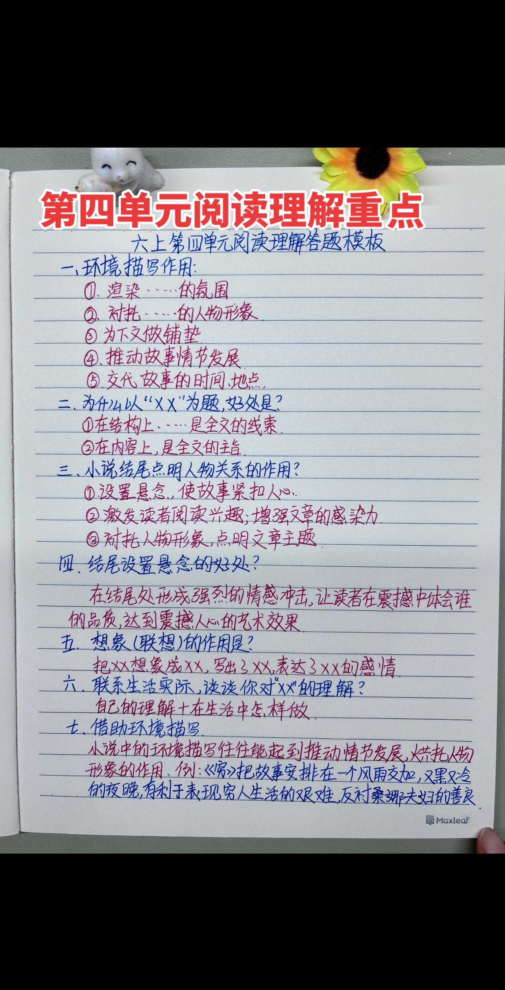 六上语文第四单元阅读理解重点。