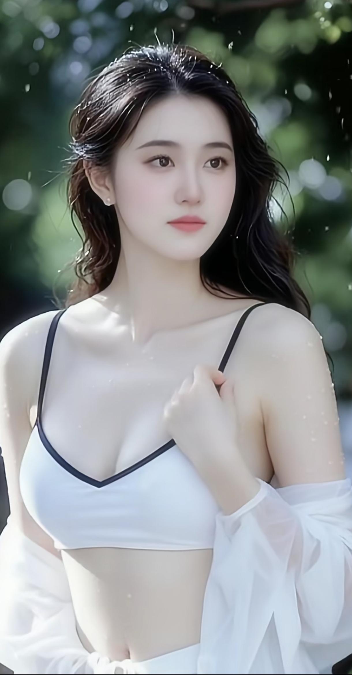 夏日清凉穿搭，白色吊带背心搭配透明薄纱，清新自然，轻松自在。分享绝美的美女照 白
