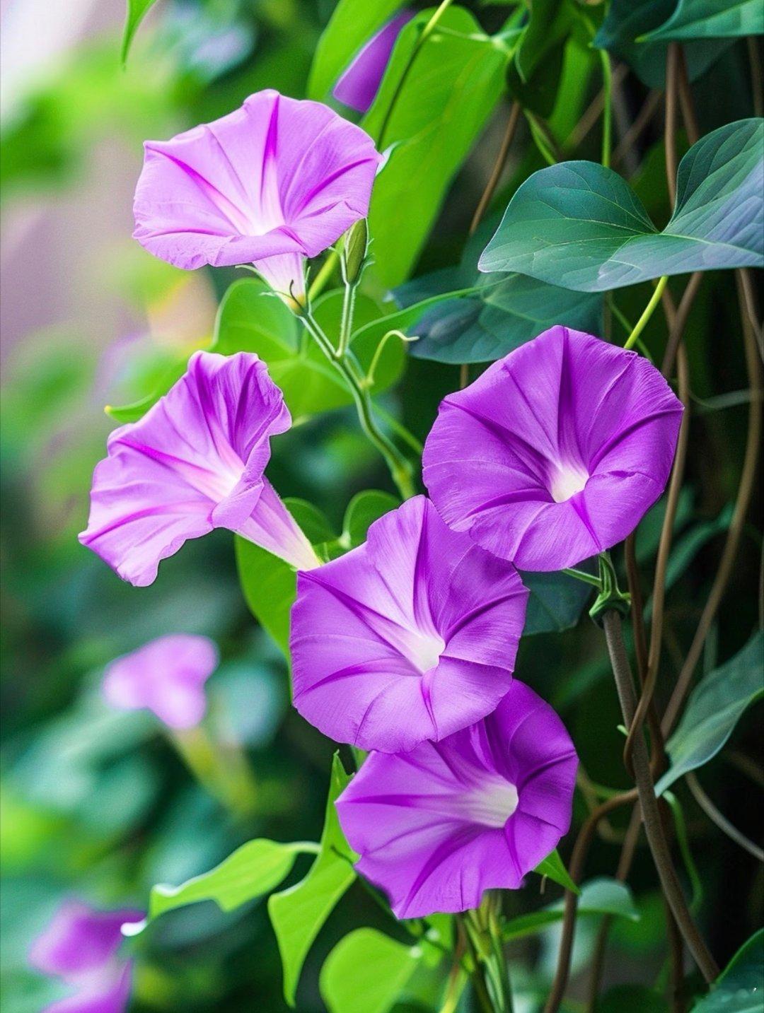 【牵牛花 】是旋花科牵牛属一年生缠绕草本植物，通常清晨开花，花朵形似喇叭，常见紫