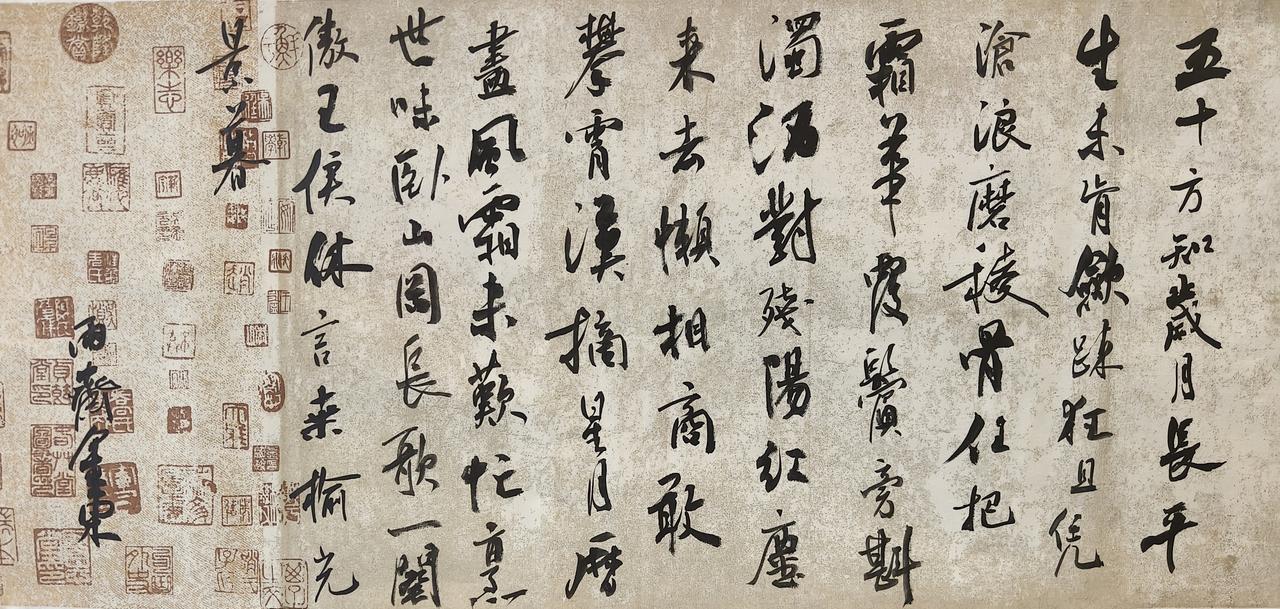 五十方开岁月长，平生未肯敛疏狂。且凭沧浪磨棱骨，任把霜华覆鬓旁。
斟浊酒，对残阳