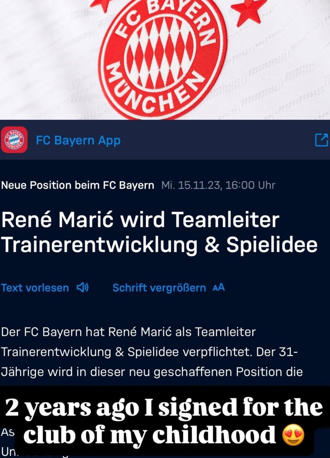 助教马里奇在ins上庆祝自己“两年前和自己童年梦想的俱乐部签约了。” 