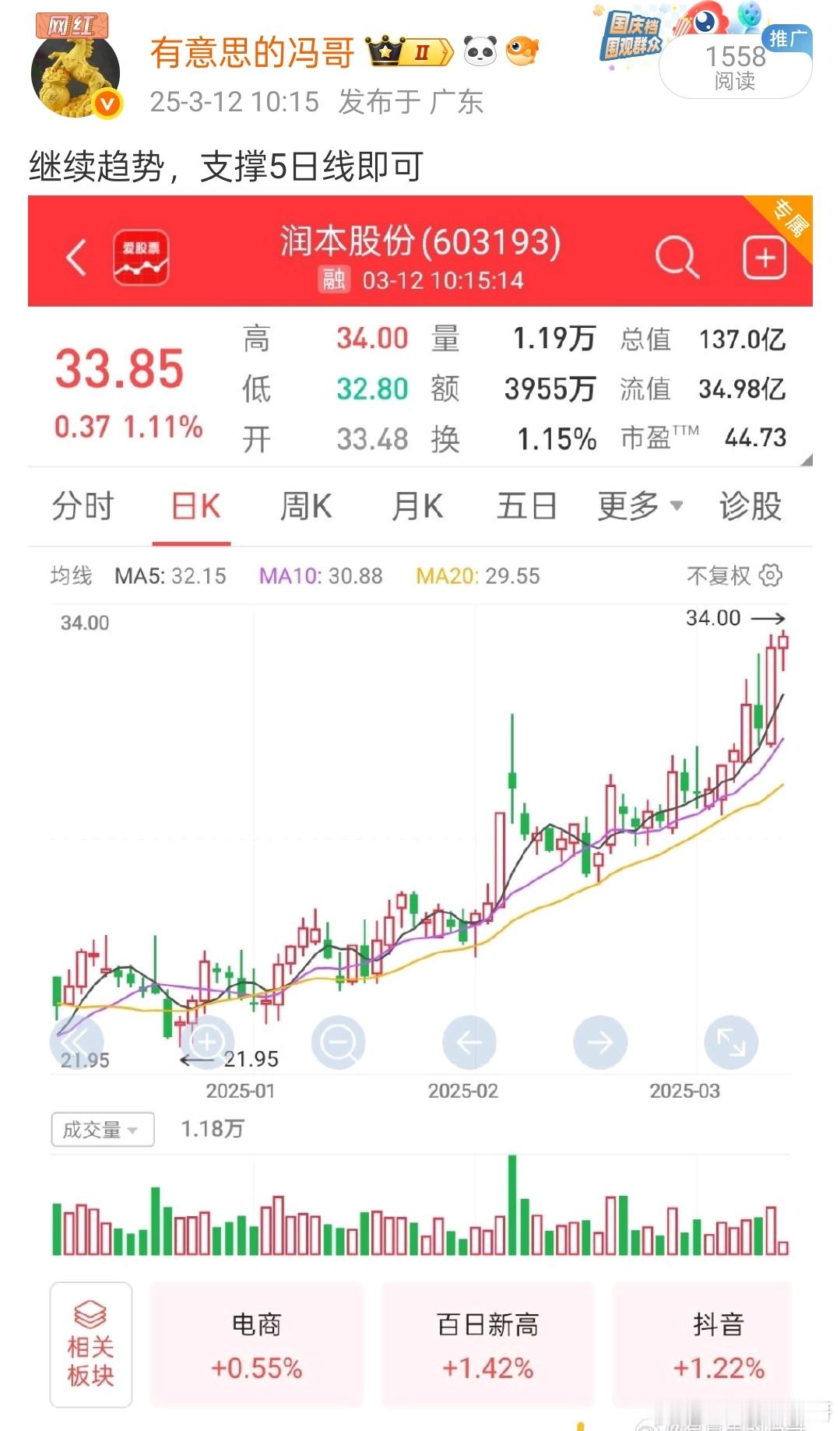 润本股份奔着涨停去了，太给力了，逆势起飞隔日9%以上收获，就问大家牛不牛吧，吃肉