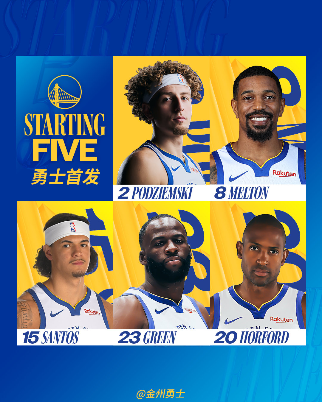 勇士今日首发：勇士vs火箭