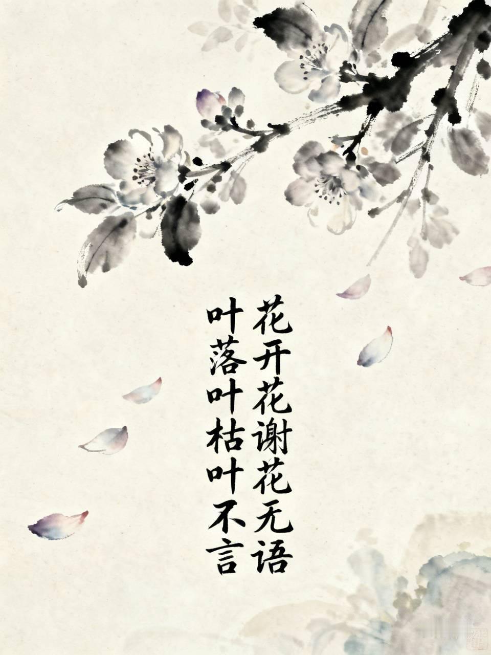 上联：花开花谢花无语，
下联：叶落叶枯叶不言。