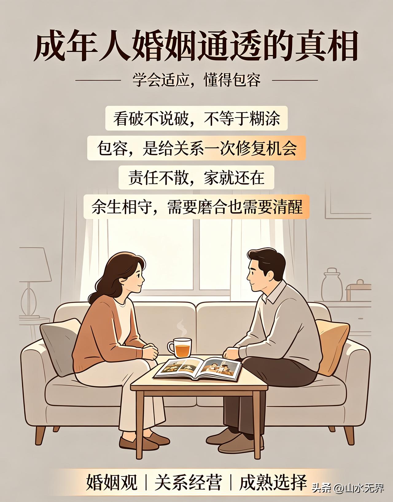 成年人婚姻通透的真相！学会适应，懂得包容
 
看过一段很现实的社会分析：如今思想